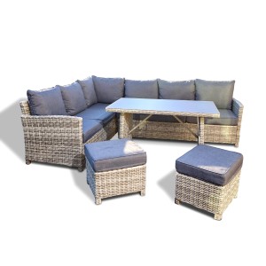 Graues 6-tlg. Polyrattan Gartenmöbel-Set Bahia mit Tisch, Sofas und Hockern.