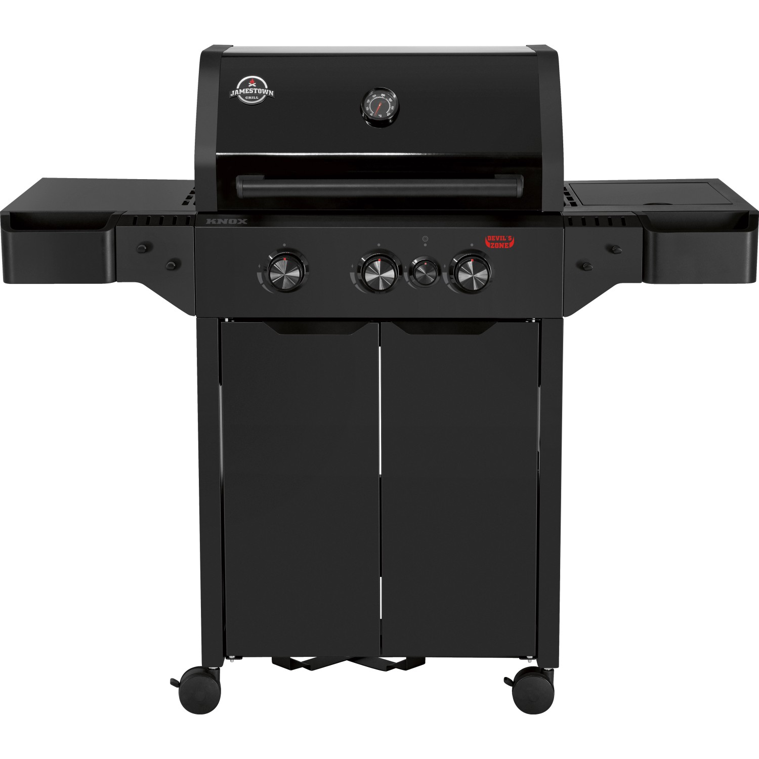 Schwarzer Jamestown 3-Brenner Gasgrill Knox II mit Seitenablagen und Unterschrank.