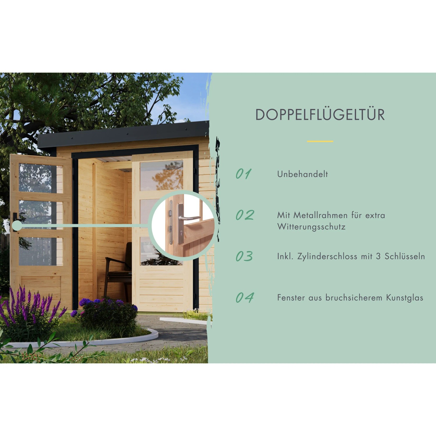 Karibu Gartenhaus Ernesto A: Detailansicht der Doppelflügeltür mit Metallrahmen und Zylinderschloss.