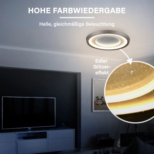 Runde MegaLight LED-Deckenleuchte aus Alu mit edlem Glitzereffekt und zwei warmweißen Lichtringen, montiert an Decke.