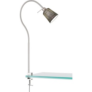 Fischer & Honsel Klemmleuchte Jam, nickelfarben mit grauem Stoffschirm.