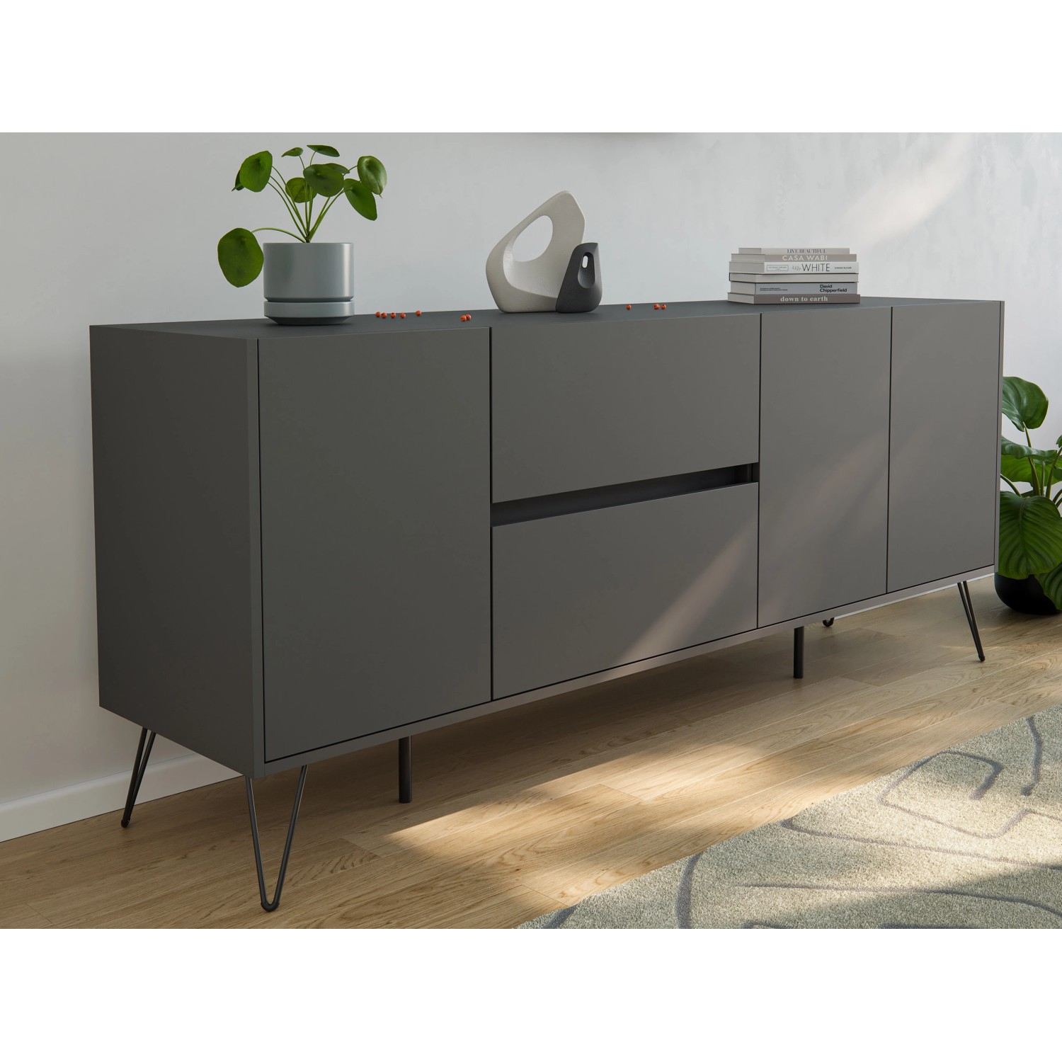 Posseik Sideboard Industrial I, 180 cm breit, in Grafit mit 2 Schubladen und 3 Türen.