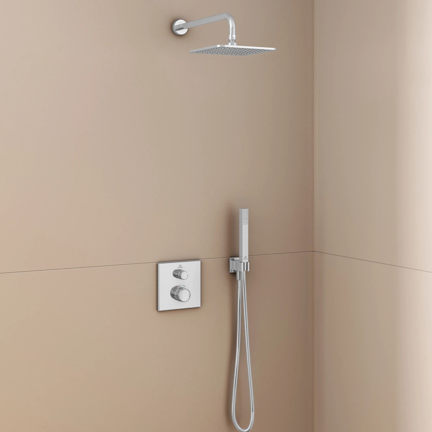 Ideal Standard Brausehalter Idealrain Atelier eckig, Chrom, mit Handbrause und Kopfbrause.