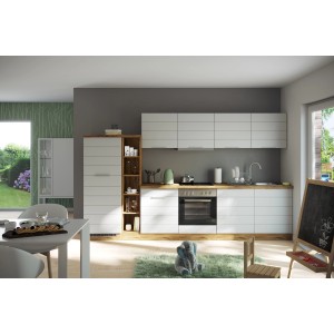 Moderne Held Möbel Küchenzeile, 330 cm, matt weiß und Wotaneiche Dekor, mit E-Geräten.