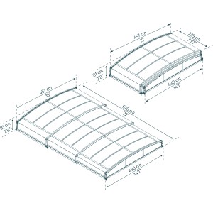 Technische Zeichnung: Palram Canopia Poolüberdachung Majorca, 458x677 cm, grauer Aluminiumrahmen, Polycarbonatplatten.