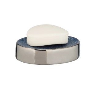 Wenko Seifenablage Nuria in Silber/Blau mit Seife, Keramik, ovales Design.