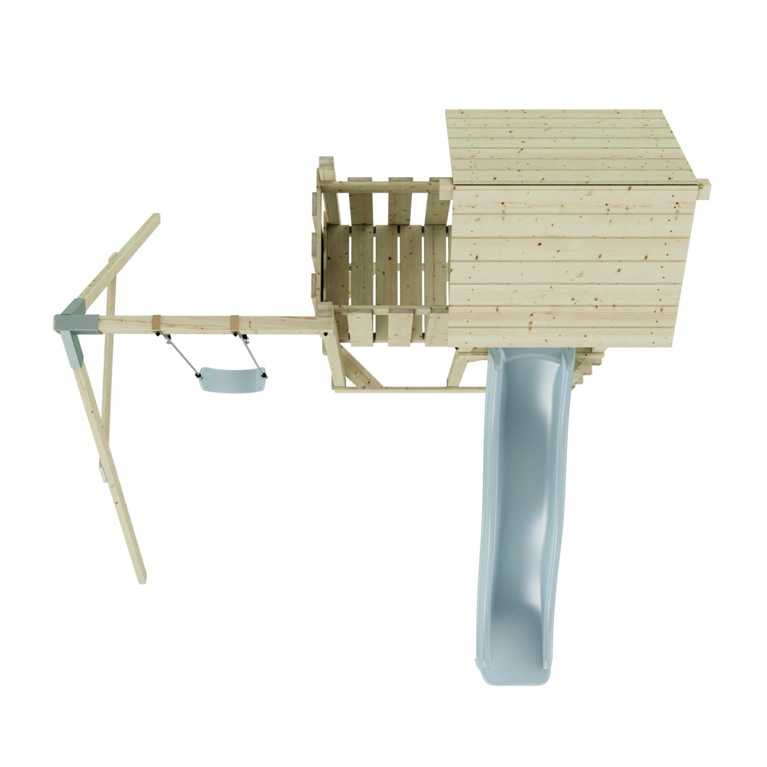 PolarPlay Kinderschaukel Bergen Eisblau mit Spielturm und Rutsche, Ansicht von oben.