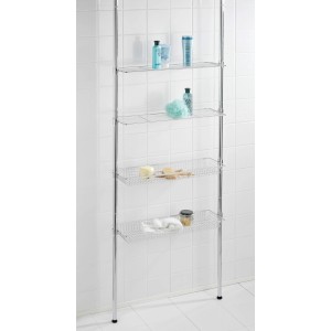 Wenko Teleskopregal Ellera Chrom mit 2 Körben und 2 Ablagen, flexibel zwischen 65 und 285 cm.