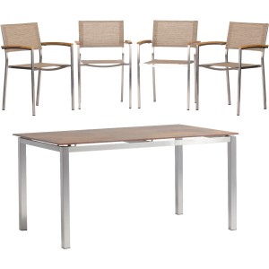 Acamp Gartenmöbel-Set Skye: 4 Stapelsessel, 1 Tisch (150x90cm), Edelstahl/Cemento-Optik.