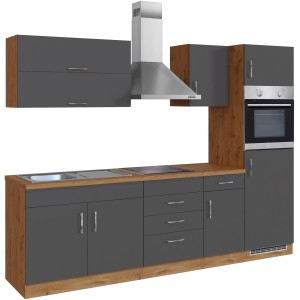 Moderne Küchenzeile Sorrento 270 cm in Anthrazit-Wotaneiche mit E-Geräten und Spüle.