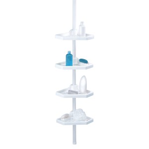 Weißes MSV Eck-Duschregal mit 4 Ablagen, höhenverstellbar von 135 bis 260 cm.