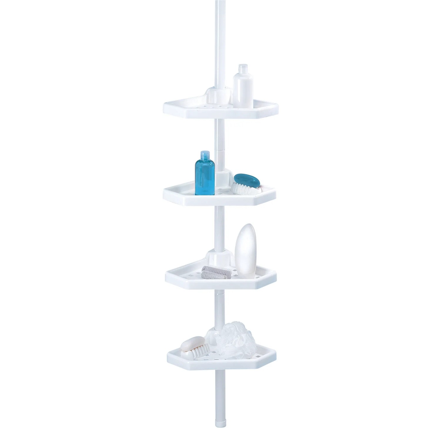 Weißes MSV Eck-Duschregal mit 4 Ablagen, höhenverstellbar von 135 bis 260 cm.