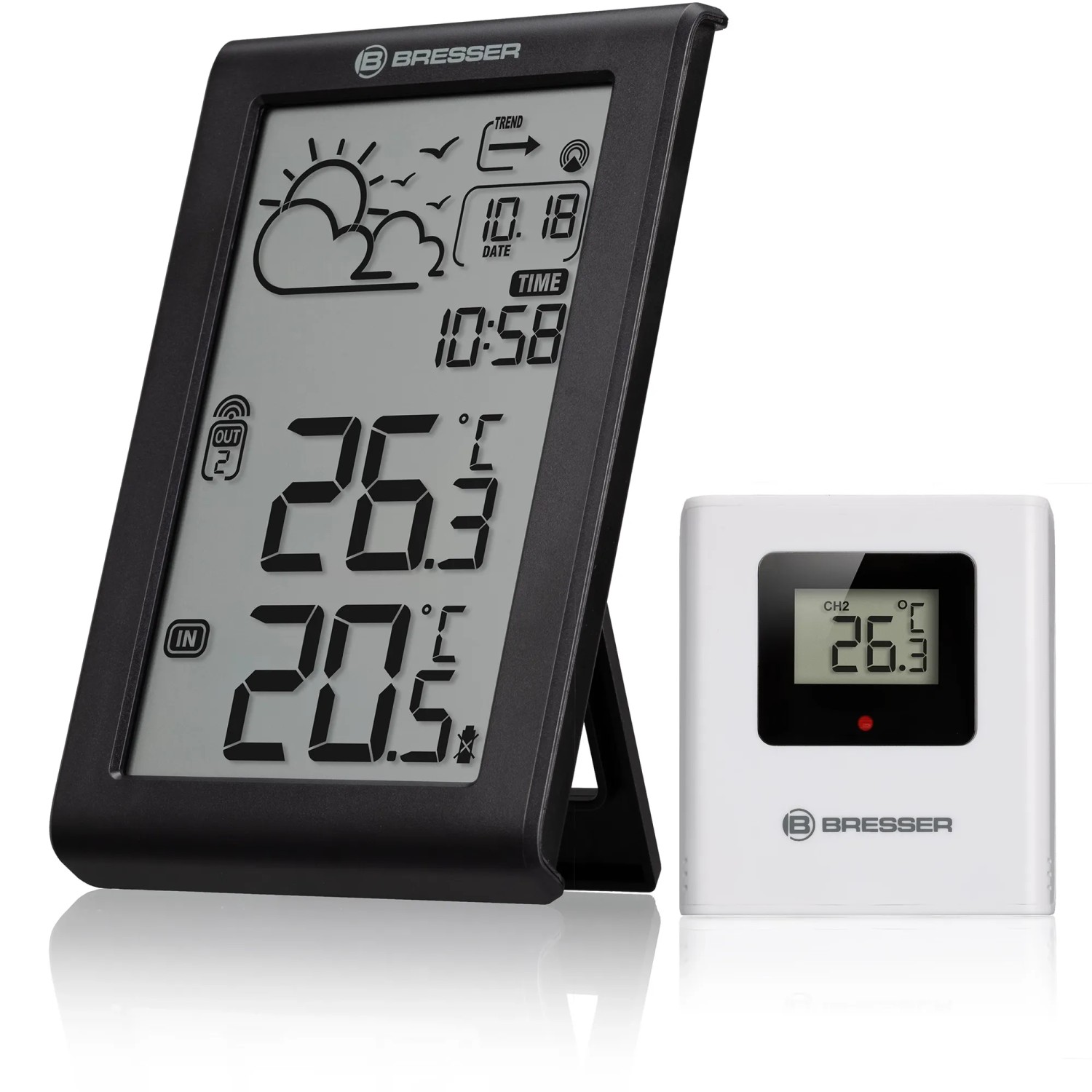 Bresser Meteo Temp W Wetterstation mit Funk-Außensensor, Temperaturanzeige und Wettervorhersage.