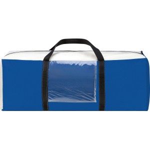 Verpacktes blaues Zelt mit Stahltürstange in Tragetasche für Camping & Outdoor.