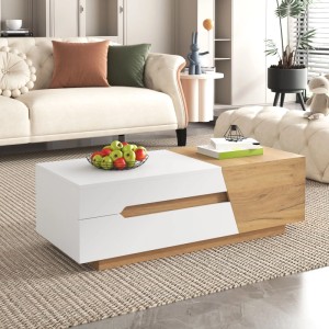 Moderner okwish Couchtisch Natur/Weiß, ausziehbar mit Schiebedesign und Schubladen, im Wohnzimmer. Bietet Stauraum.