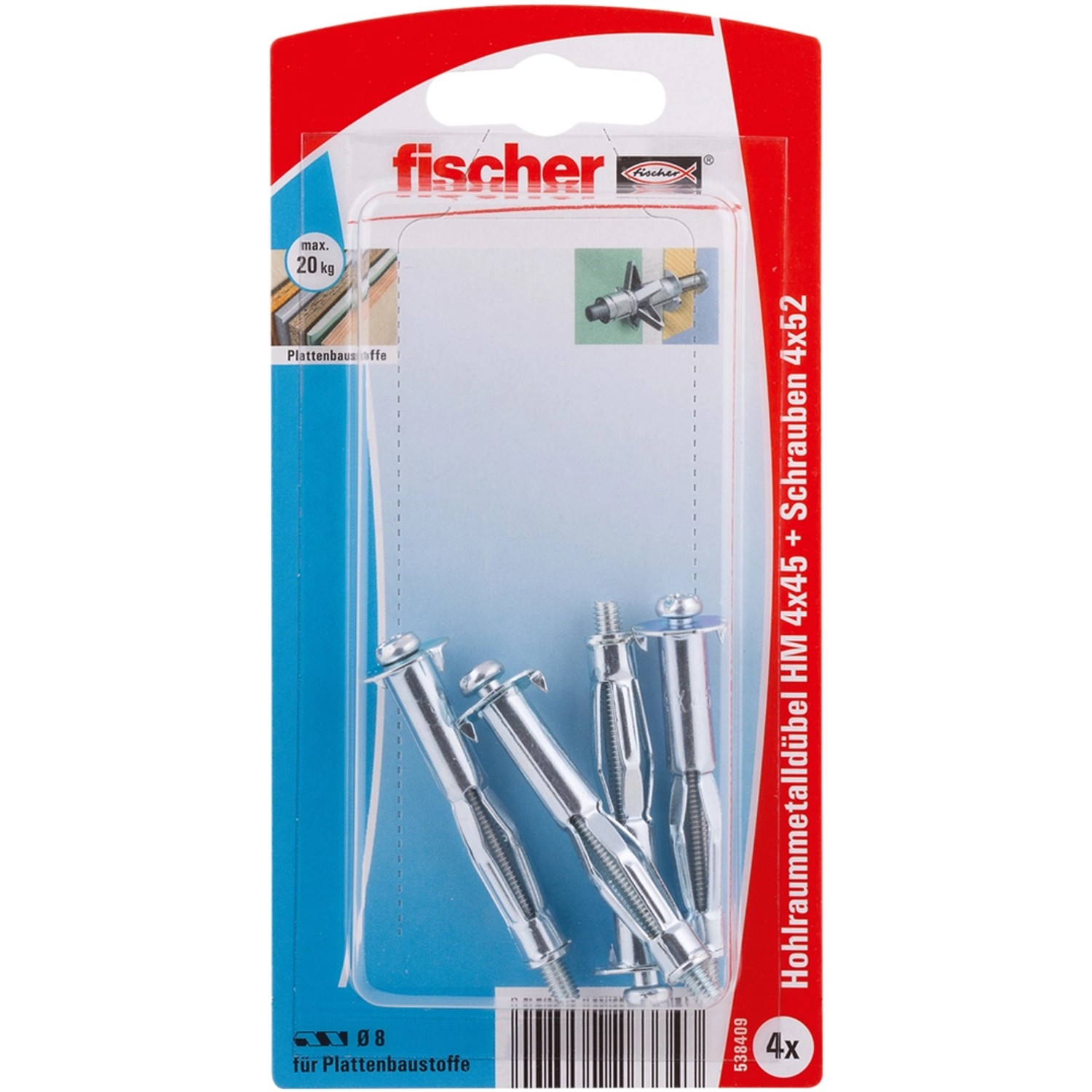 Fischer Hohlraumdübel HM 4x45, 4er-Set mit Schrauben, für Gipskarton und Plattenbaustoffe.