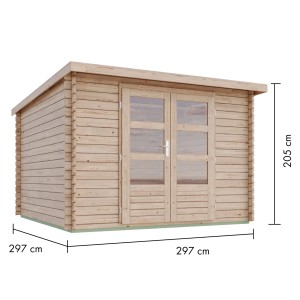 Karibu Gartenhaus Dortmund Solo aus Holz mit Doppeltür und Pultdach, Maße 297x297x205 cm.
