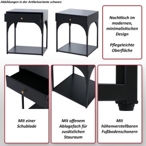 Schwarzer Metall-Nachttisch MCW O88 mit Schublade, offenem Fach und verstellbaren Füßen. Modernes, minimalistisches Design.