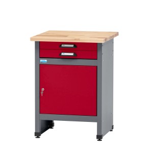 Küpper Werkbank mit Tür und 2 Schubladen, 84x60x60 cm, dunkelrot. Werkbank mit Buchenholzplatte.