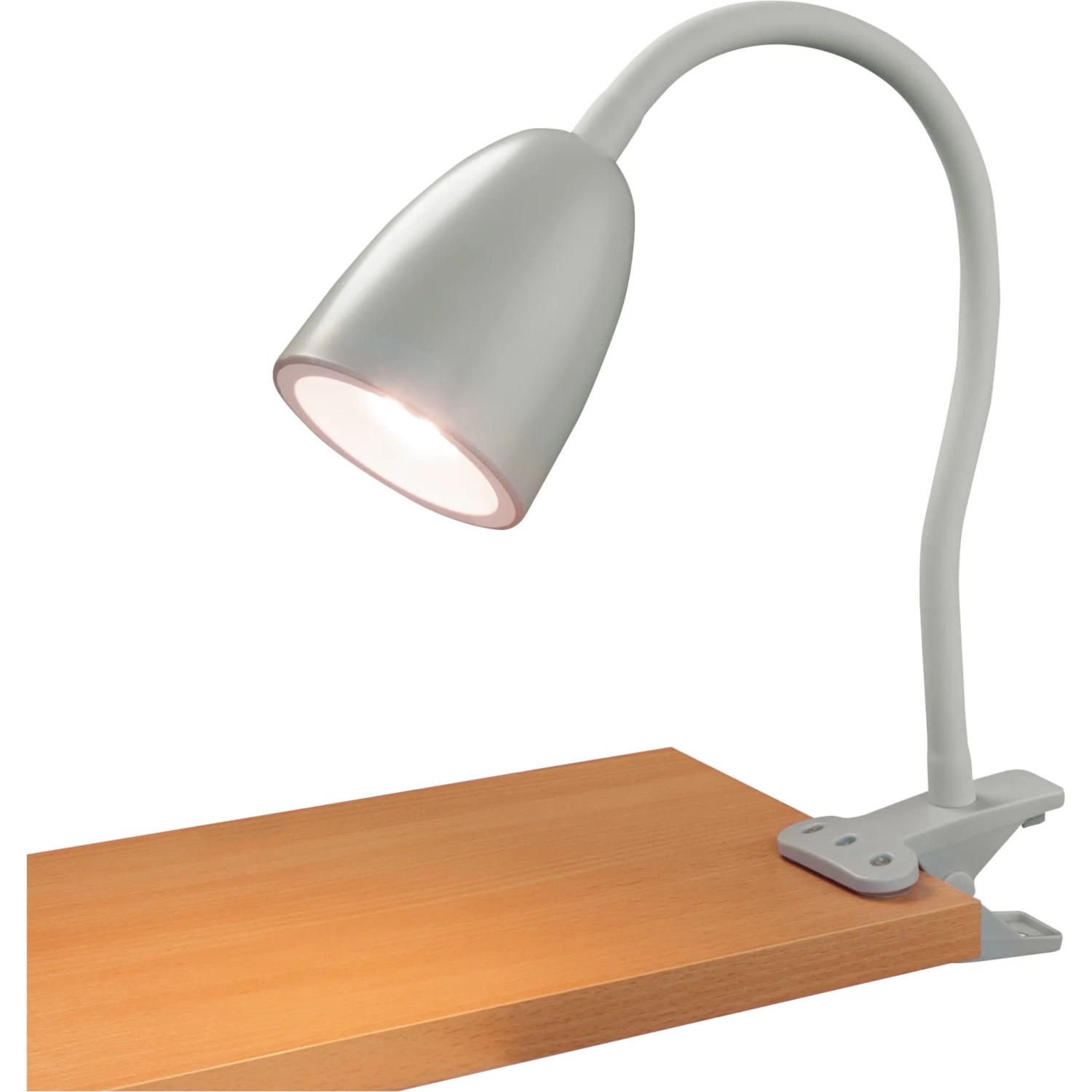 Graue LED-Klemmleuchte Vidorni mit flexiblem Hals zur punktgenauen Ausleuchtung.