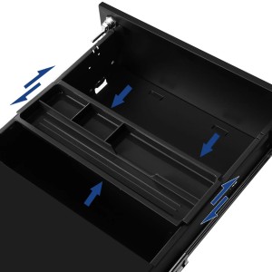 Offene Schublade des schwarzen Songmics Aktenschranks mit Fächern.