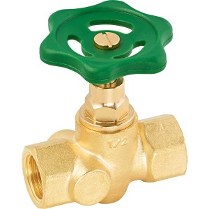 Messing Durchgangsventil 18,6 mm mit grünem Griff zur Regulierung von Wasserleitungen.