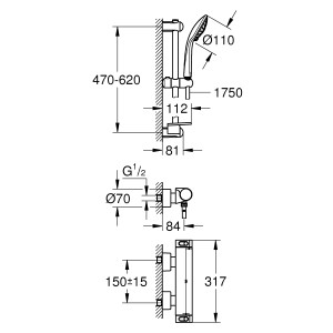 Technische Zeichnung der Grohe Thermostat-Brausebatterie Grohtherm 2000 mit Brausegarnitur.