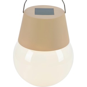 Beige Solar-LED-Leuchte mit konischem Oberteil, kugelförmigem Diffusor und Solarpanel. Ideal für Garten & Balkon.