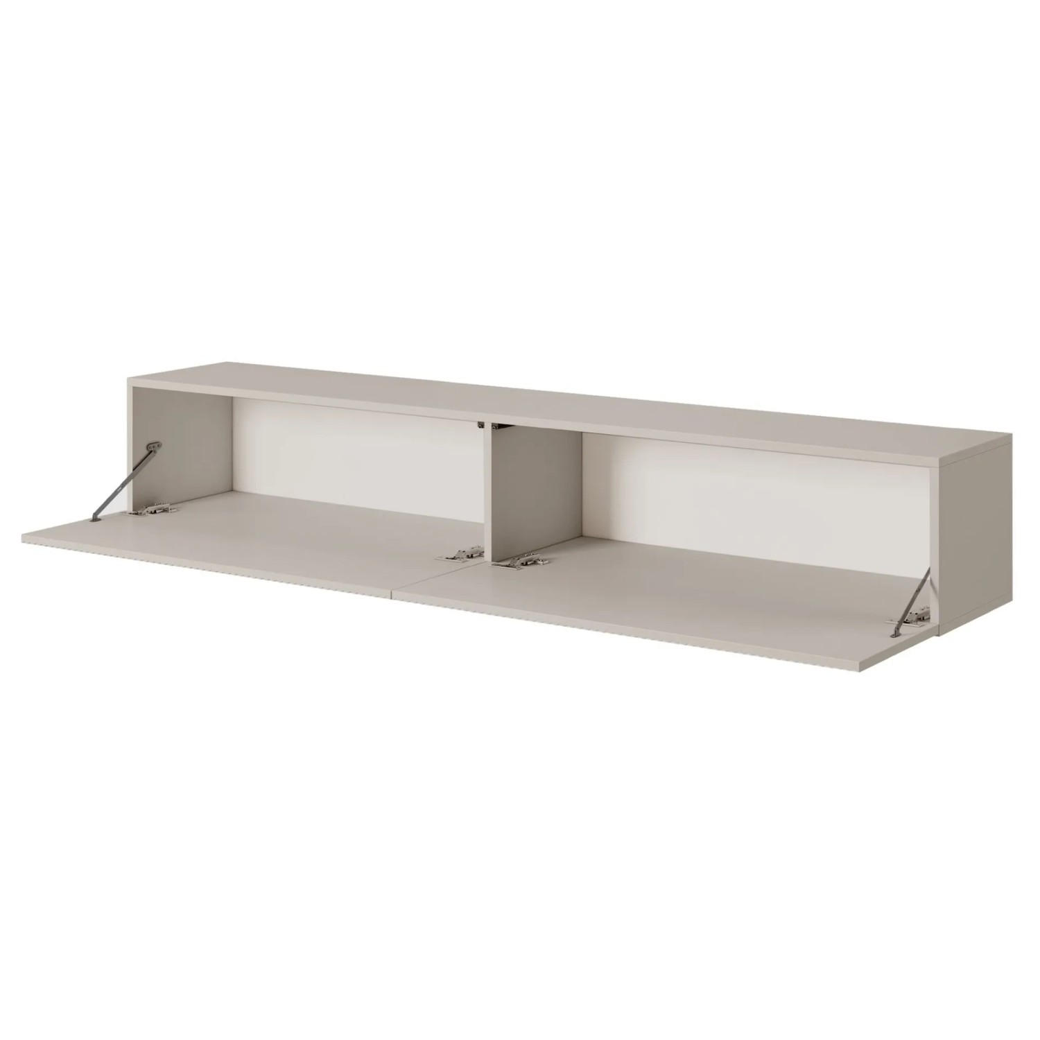 Selsey Veldio TV-Hängeboard, 175 cm, Greige, mit zwei geöffneten Fächern und Push-to-Open Türen.