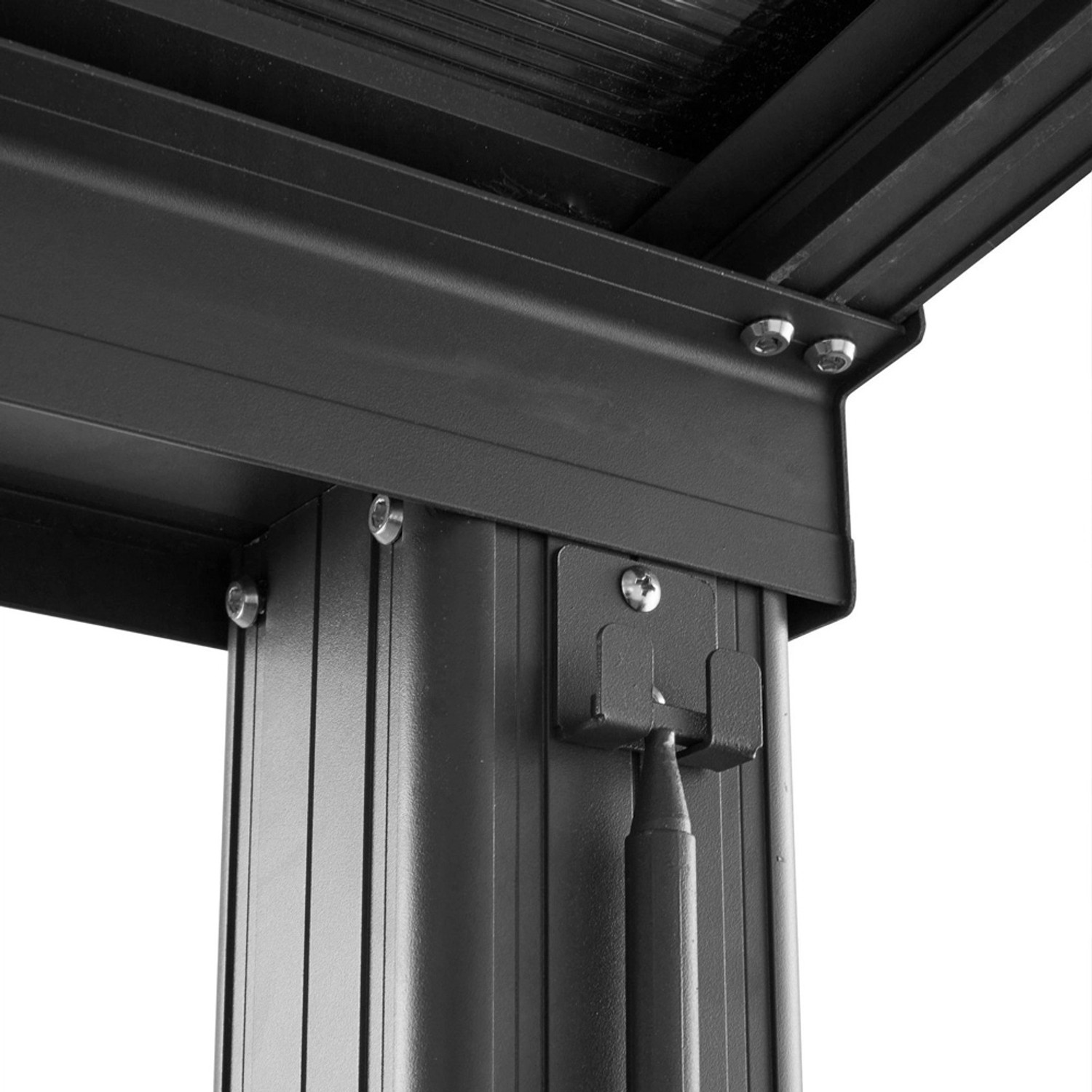 Detailansicht: Anthrazitfarbene Home Deluxe Terrassenüberdachung Solis Deluxe, Aluminiumpfosten.