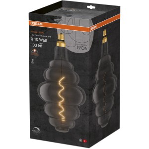 Verpackung einer Osram E27 LED Lampe, 4,8W, extra warmes Licht, smokeyfarben, dimmbar.
