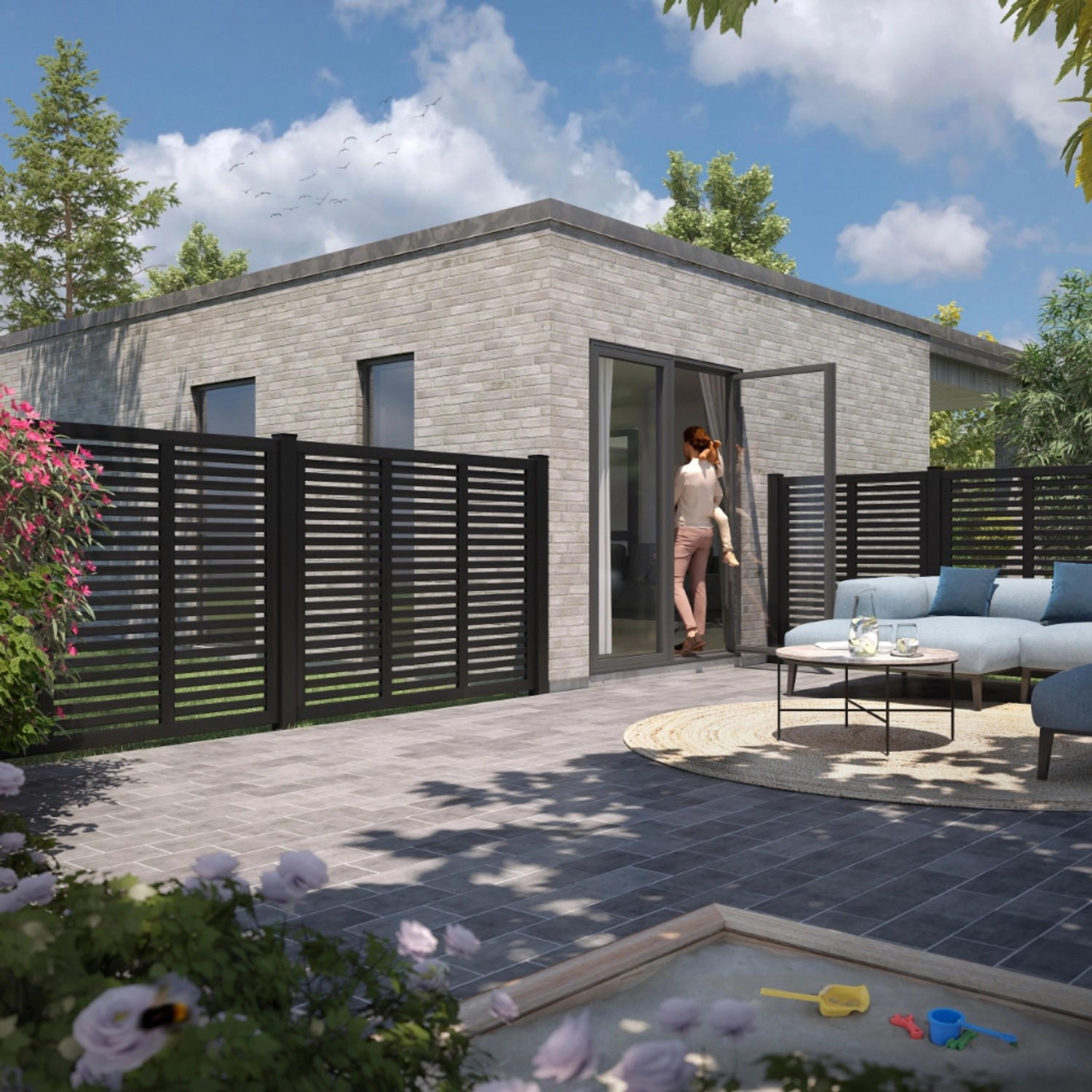 Schwarzer Sichtschutzzaun Harmoni aus Nadelholz, 120x140 cm, im Garten mit Haus und Terrasse.