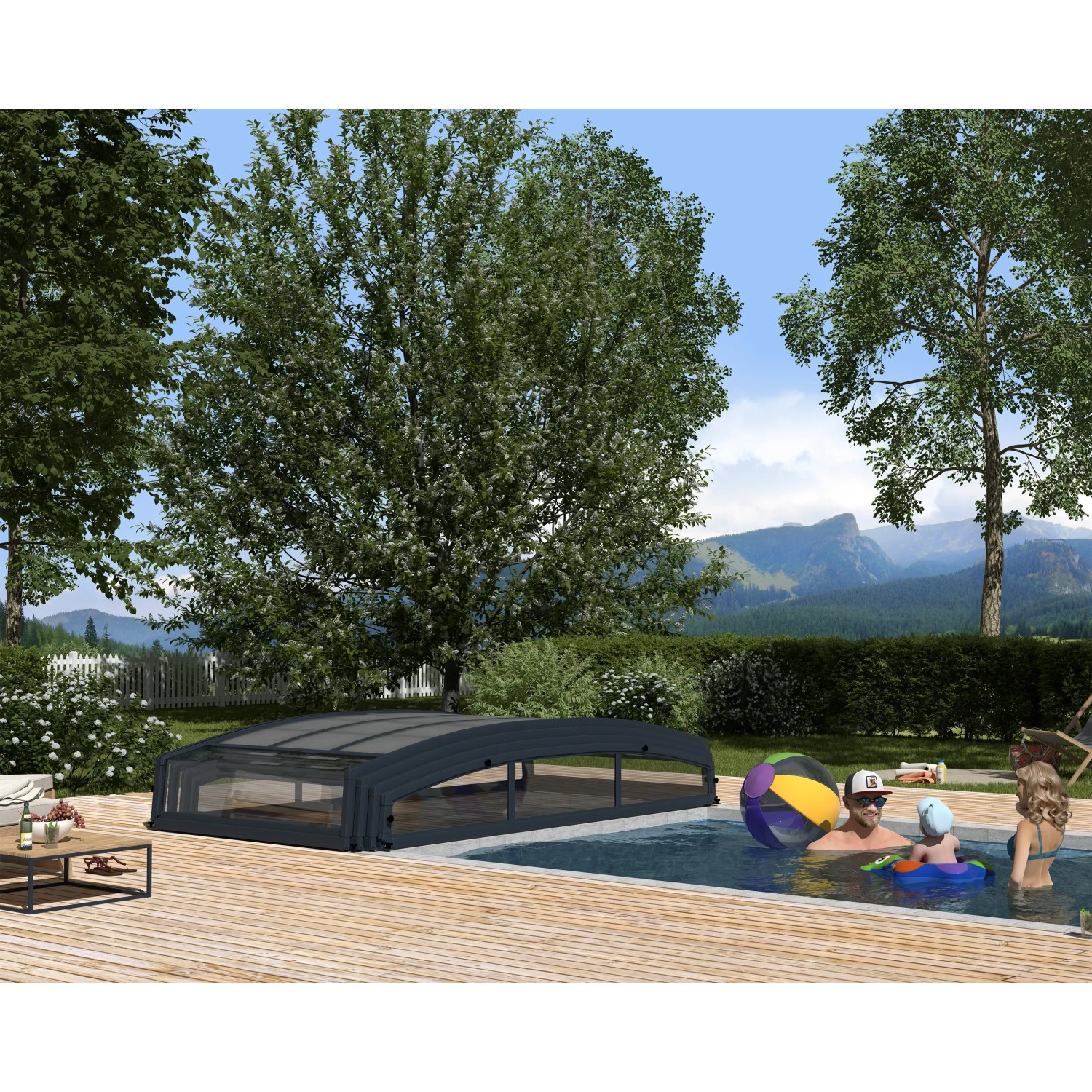 Graue Palram Canopia Poolüberdachung Majorca (470x874cm) über Pool mit Familie.