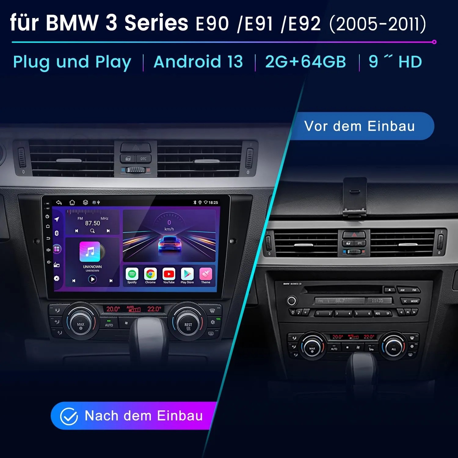 Junsun 9 Zoll Autoradio im BMW E90/E91/E92: Vergleich vor und nach Einbau. Modernes Android 13 Touchscreen.