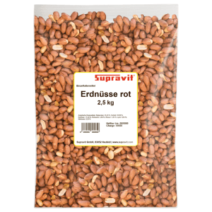 Supravit Erdnüsse rot mit Haut, 2,5 kg, in transparenter Tüte. Nahrhaftes Wildvogelfutter, reich an Energie.