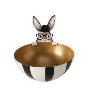 Gestreifter Teelichthalter Hopper mit Hasen-Motiv, schwarz-weiß-goldener Kerzenhalter.