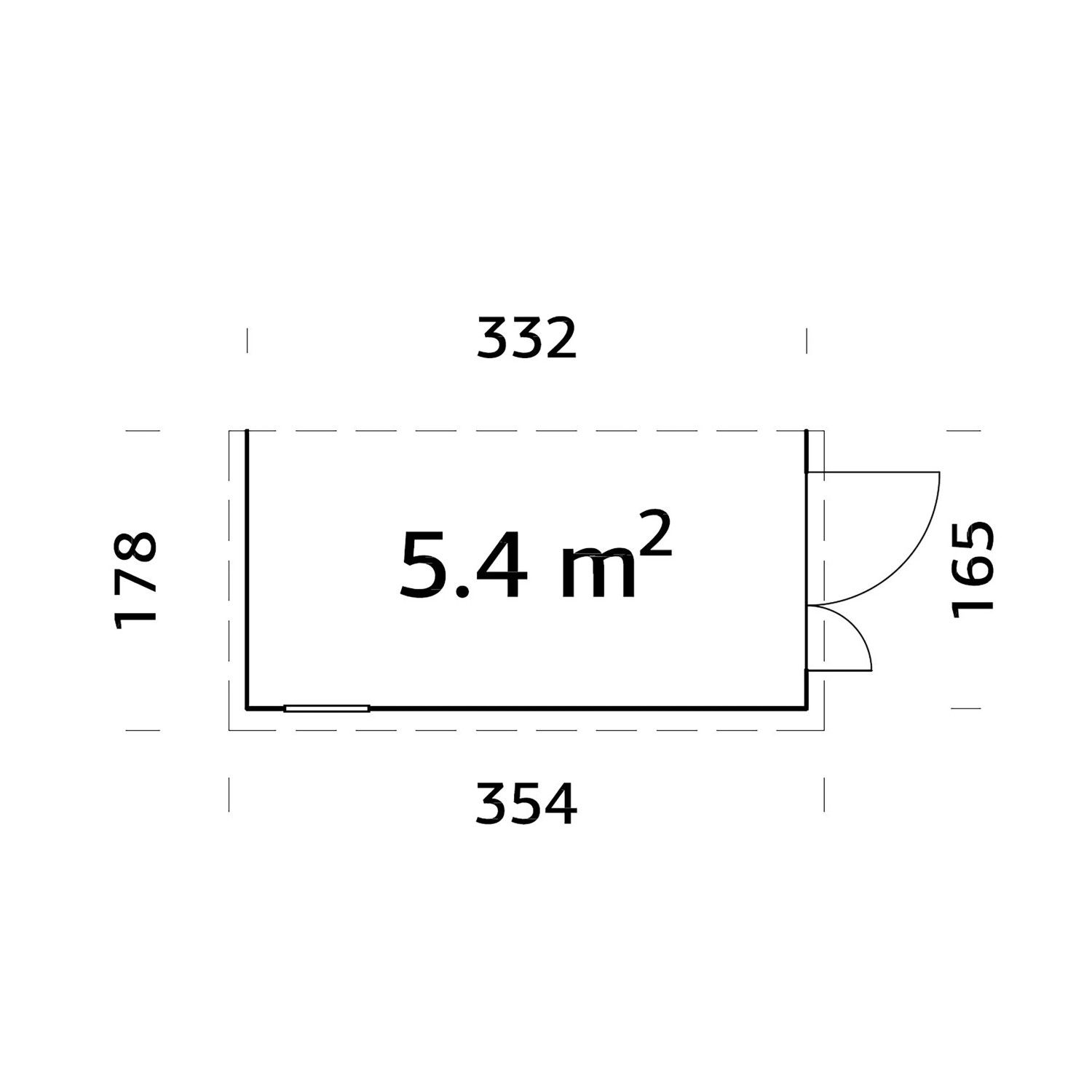 Grundriss Palmako Mia Holz-Gartenhaus: 332x165cm, 5,4 m² Fläche, Pultdach, unbehandelt.
