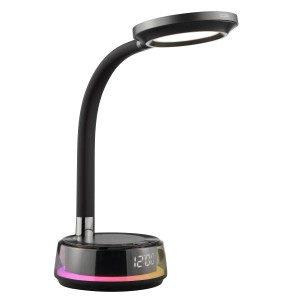 Schwarze LED-Tischlampe Moonglow (53 cm) mit Flexarm, RGB-Licht, Uhr und Wireless Charging.