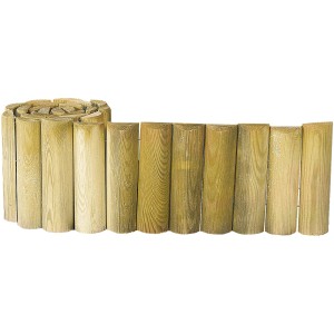 Grüne Beeteinfassung aus Holz, 6x20x200 cm, als Rollboard vernagelt.