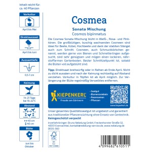 Kiepenkerl Saatgut Cosmos Sonata Mischung, Packung mit Infos zu Aussaat und Blütezeit.