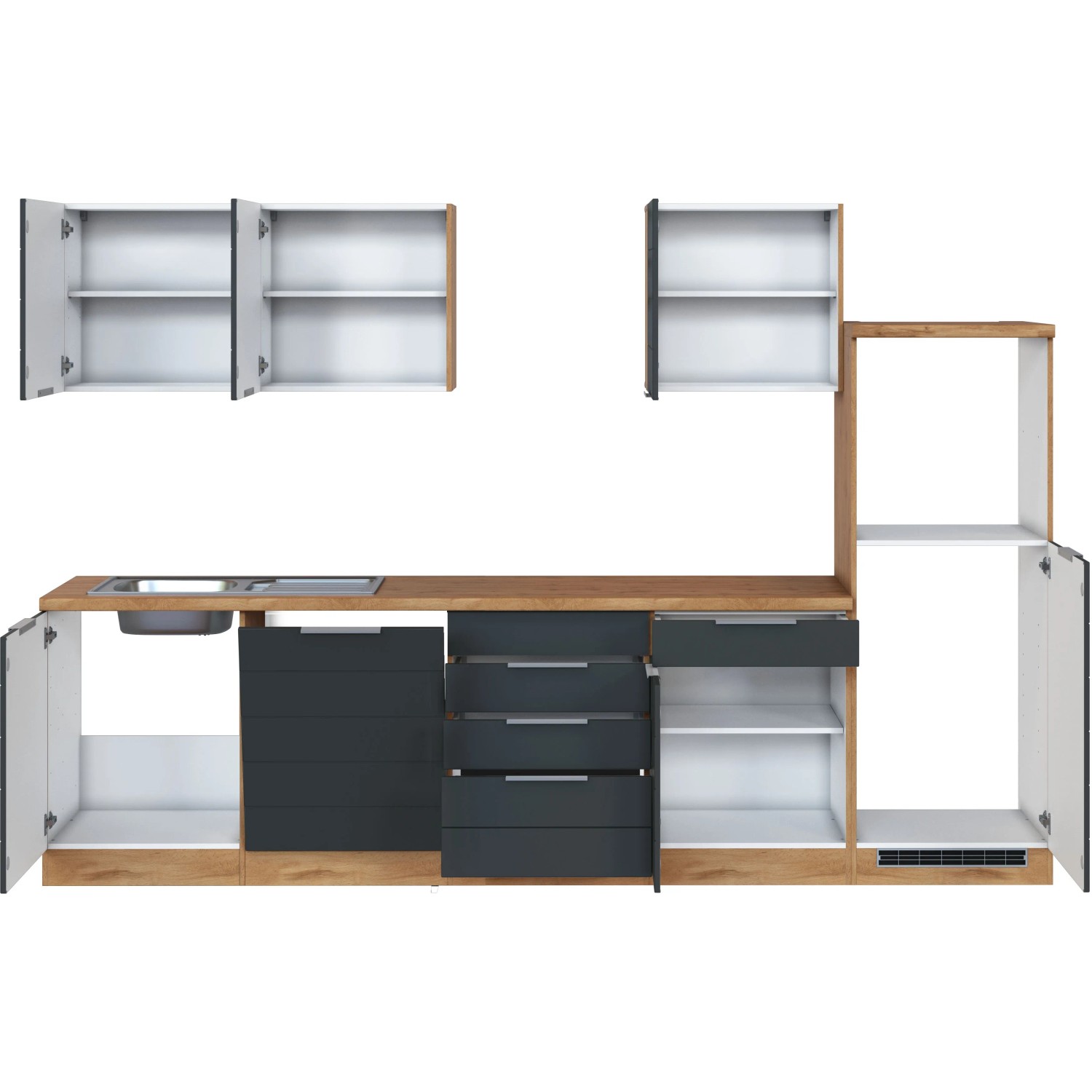 Moderne Küchenzeile 300 cm in Grau-Wotaneiche ohne E-Geräte. Einbauküche mit Spüle und Hängeschränken.