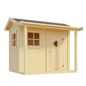 Lasita Maja Kinderspielhaus Pingo aus hellem Holz mit dunklem Dach, Fenstern und überdachter Terrasse.