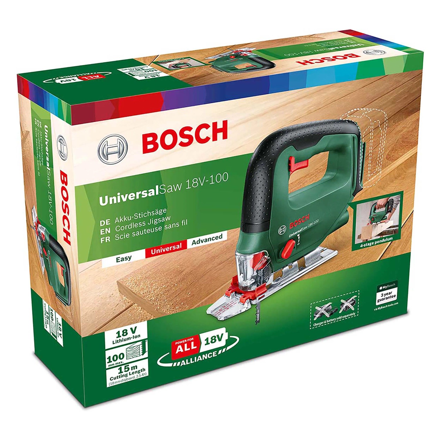 Bosch Akku-Stichsäge UniversalSaw 18V-100 Solo im Karton. Stichsäge für Holz-, Kunststoff- und Metallarbeiten.