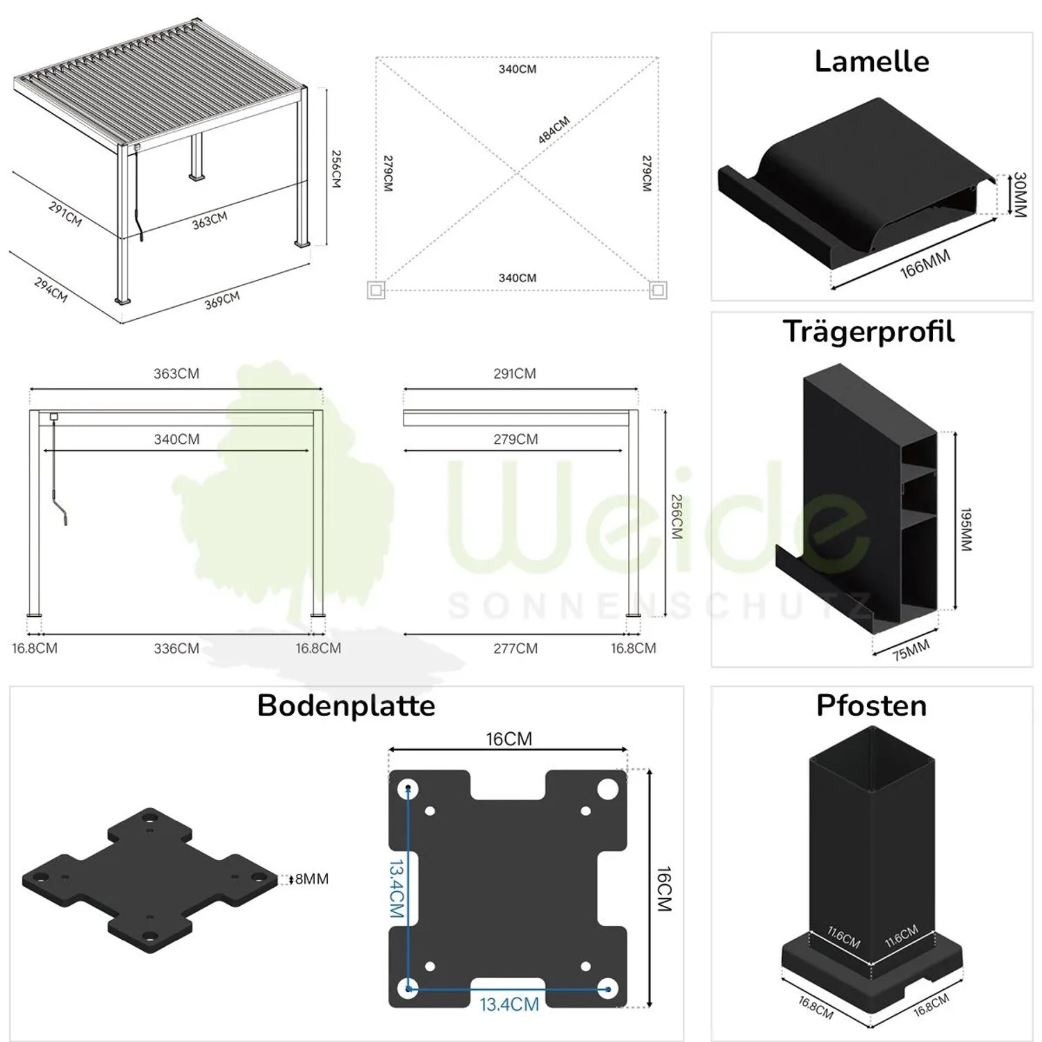 Technische Zeichnung des Weide Deluxe Wand Pavillons in Weiß, zeigt Maße, Lamellen, Pfosten und Bodenplatte.