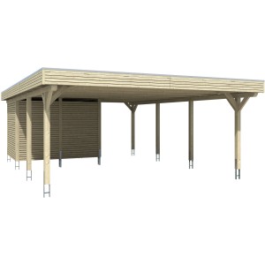 Skan Holz Carport Spessart mit Abstellraum, Eiche hell, Doppelcarport aus Holz mit Flachdach.