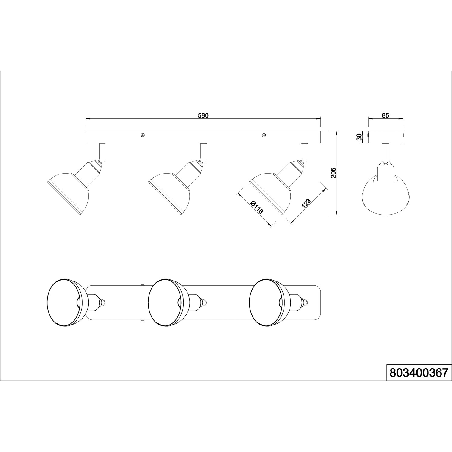 Technische Zeichnung: Trio Spot Delhi, 3-flammig, Nickel antik, Maße und Details.
