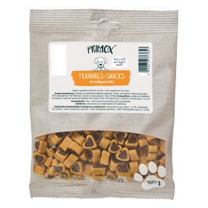 Primox Trainingssnack Geflügel & Wild, 150g. Herzförmige Hunde-Natursnacks im Beutel.