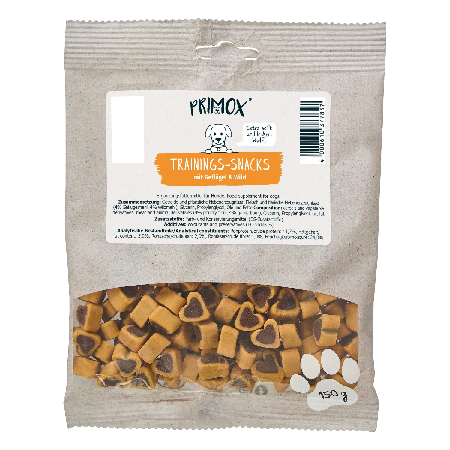 Primox Trainingssnack Geflügel & Wild, 150g. Herzförmige Hunde-Natursnacks im Beutel.