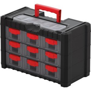 Schwarzer Organiser Multicase Cargo mit 9 Schubladen und rotem Griff für Werkstatt, Büro oder Lager.