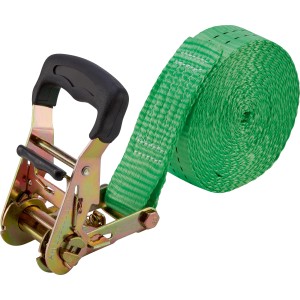 Einteiliger, grüner Zurrgurt mit Ratsche (3,8 cm x 600 cm) aus Polyester und Stahl.